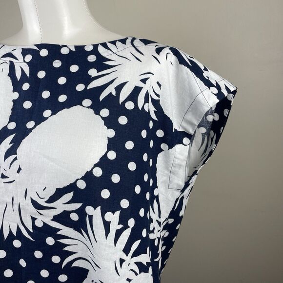 Ann Taylor Womens Petite L Blue White Pineapple Polka Dot Linen Blend Blouse - Picture 2 of 9